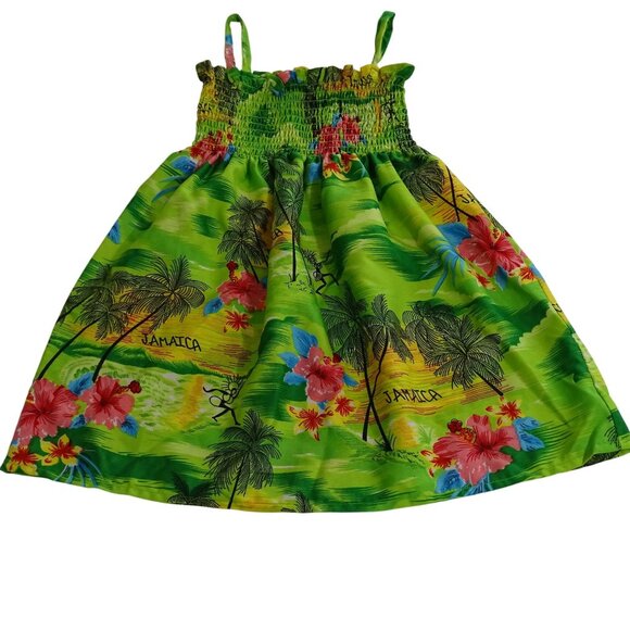 Revue Jamaica Tropical Smocked Green Sundress Dress Girls Size S Spaghetti Strap - Picture 1 of 7